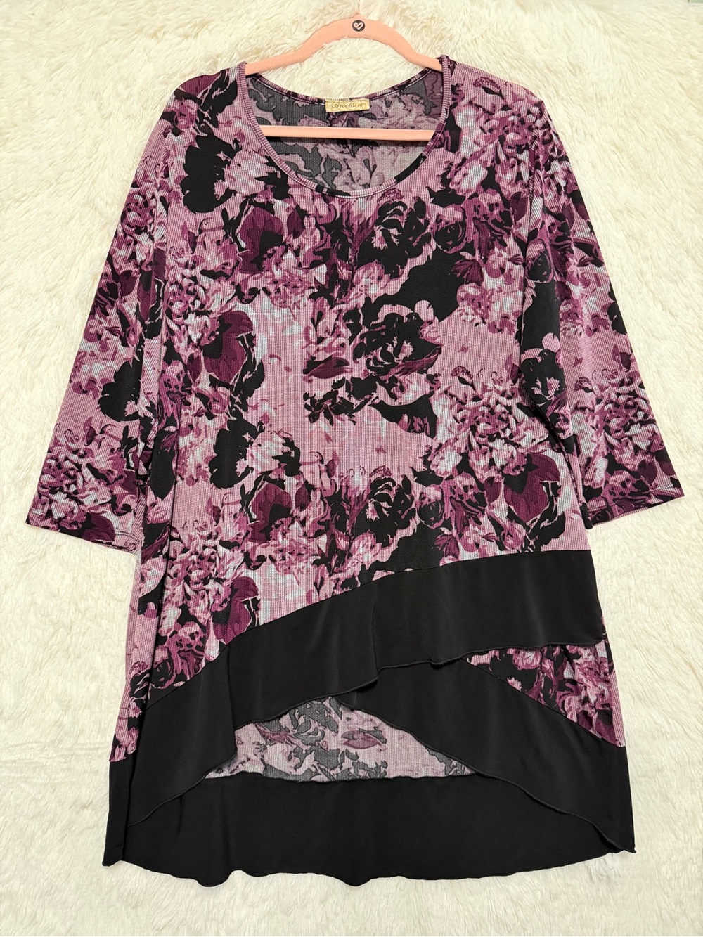 Brochure Womens Floral Tunic Top Size X Pink Multi Asymmetrical Boho Lagenlook